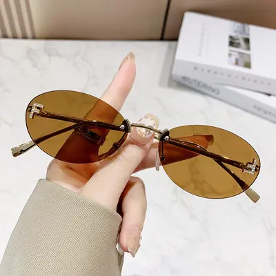 Rhinestone Oval Frameless Sunglasses, Small Frame, UV Protection - 9