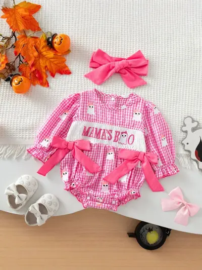 Baby Mädchen Langarm Halloween Strampler mit Schleife und Karomuster