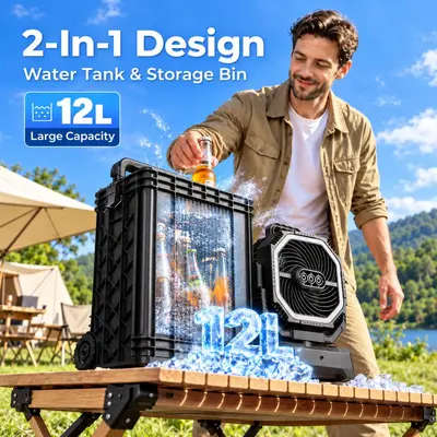 Camping-Ventilator mit Wassertank, Sprühfunktion, Licht und Großakku - 3