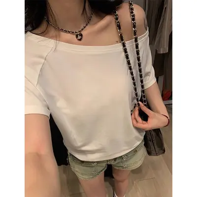 Women's Short Sleeve T-Shirt, Off-Shoulder Design, Black, Summer - 8