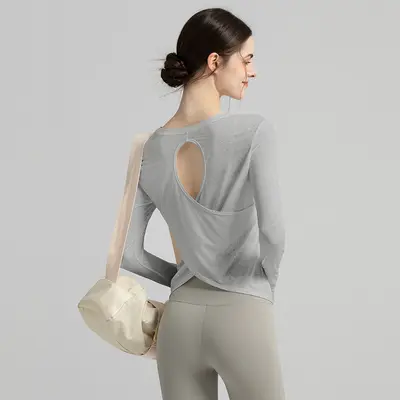 Women's Long Sleeve Thin Open-Back Yoga Top Pilates Tunic - 7