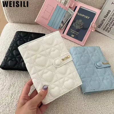 Heart Quilted Passport Holder with Chain Card Case for Women