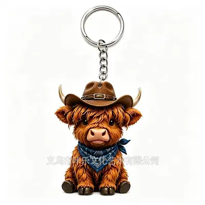 Highland Cow Acryl-Schlüsselanhänger, Cartoon-Kuh mit Cowboyhut