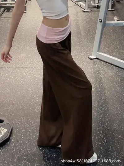咖色翻腰运动裤女夏薄款慵懒随性瑜伽健身裤小个子垂感宽松阔腿裤
