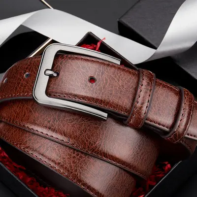 Men's Leather Belt with Pin Buckle, Modern Business and Casual Style