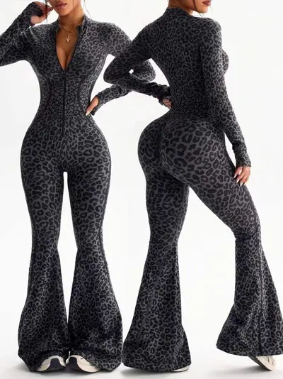 Kadın Leopar Desenli Deep V Yaka Yoga Tulumu, Fermuarlı - 6