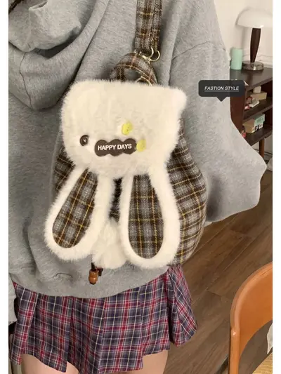 Women's Winter Woolen Plaid Mini Backpack with Cute Rabbit Plush - 5