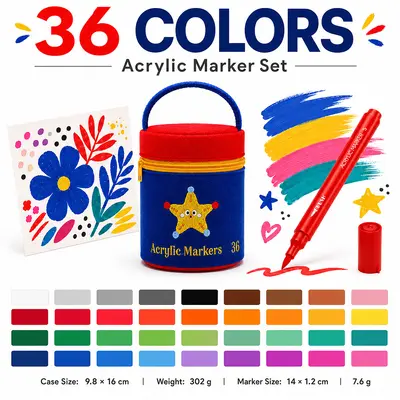 Acrylic marker pen set with soft tips, children's drawing, storage bucket - 8