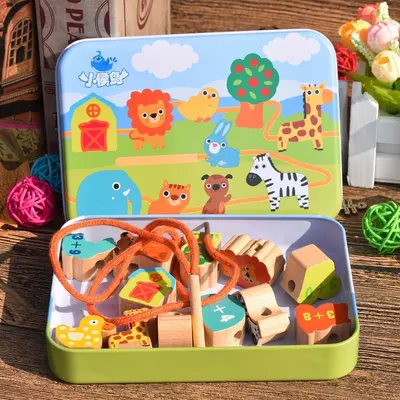 Cartoon Metal Box Wooden Bead Threading Toy - 2