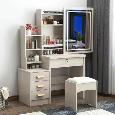 Modern Dressing Table with Sliding Mirror, LED Light and Storage Cabinet - 10