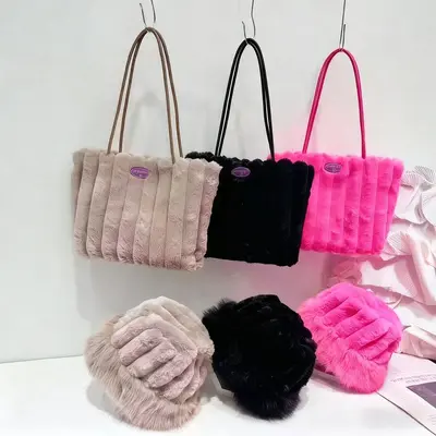 Autumn Winter Plush Shoulder Bag, Fluffy Women's Bag with Bucket Hat - 3