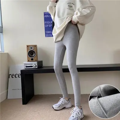 Women's Grey Thin Fleece Ribbed Leggings, Stretch, Plus Size - 11