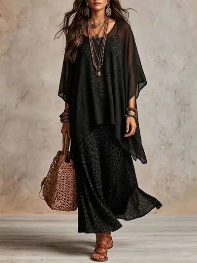 Women's Chiffon Leopard Print Two-Piece Dress Set with Camisole
