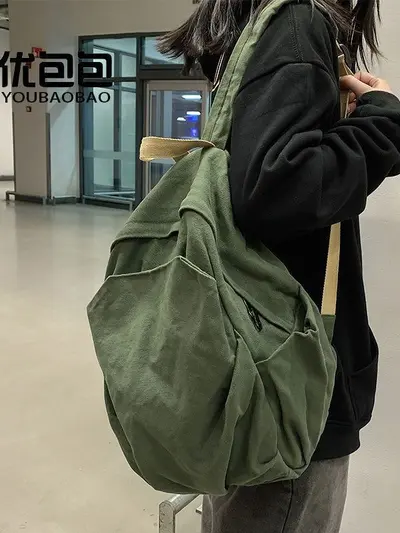 Niche Canvas School Bag New Large Capacity Middle School University Student Backpack Women Shoulder Bag Simple Retro Travel Backpack - 6