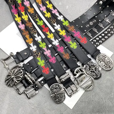 Chrome Hearts Sacred Sword Cross Belt for Men, Roller Hollow Design, Evergreen Style, Hanging Pattern Women's Belt, Celebrity Style, Perforated Heart Design.