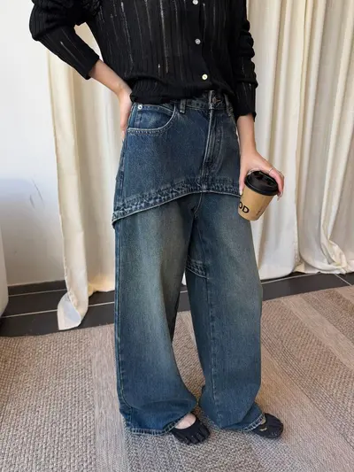 Damen-Jeans mit weitem Bein, Patchwork-Optik im Zweiteiler-Look, Vintage - 4