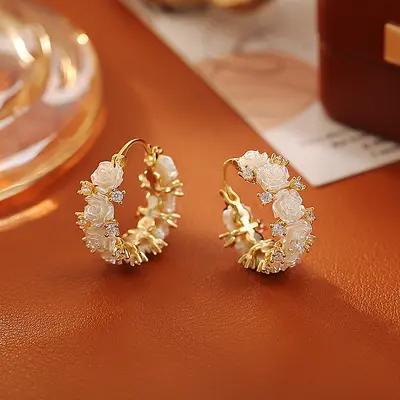 Rose Cubic Zirconia Earrings, Elegant - 7