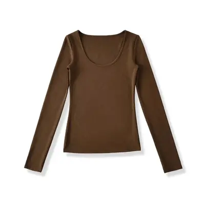 Women's U-Neck Long Sleeve Stretch Base Top, Solid Colour - 12
