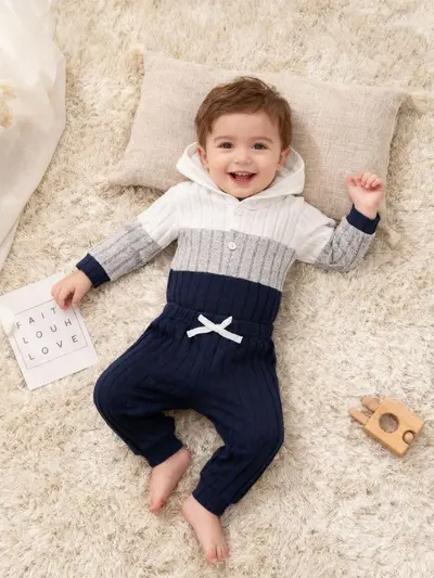Baby Boy and Girl Hooded Ribbed Long Sleeve Romper and Pants Set
