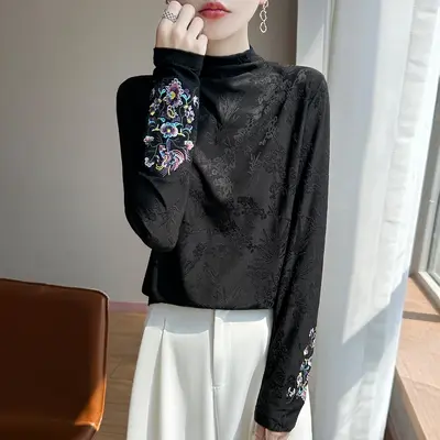 Women's Half Turtleneck Long-Sleeve Base Layer Top, Retro Embroidery - 7