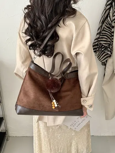 Large-Capacity Suede-Look Tote Bag with Single Shoulder Strap for Commuting