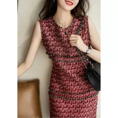 Elegant Premium Tweed Dress with Fringed Trim