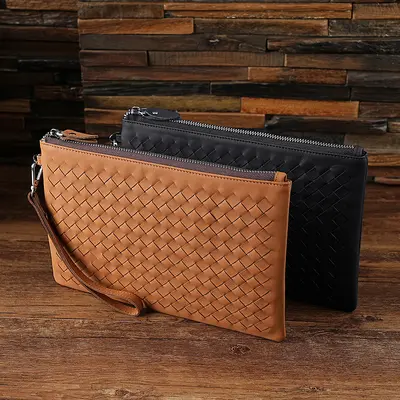 Handmade Woven-Pattern Genuine Leather Men's Clutch, Large Capacity iPad Wallet