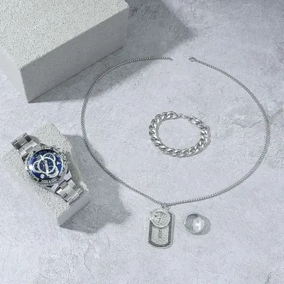 Men's quartz watch set, large dial, steel band, 4-piece