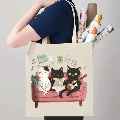 Cross-border popular cute cat print canvas bag shoulder foldable tote bag shopping bag travel bag customizable - 12