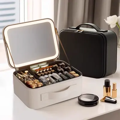 LED Makeup Case with Mirror, Three-Color Light, Portable Large Capacity