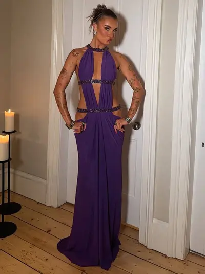Rückenfreies Neckholder-Spitzenkleid für Damen, lang