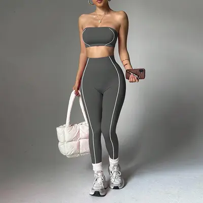 跨境TK爆款瑜伽服套装女撞色裹胸上衣蜜桃臀修身长裤健身运动服 - 10