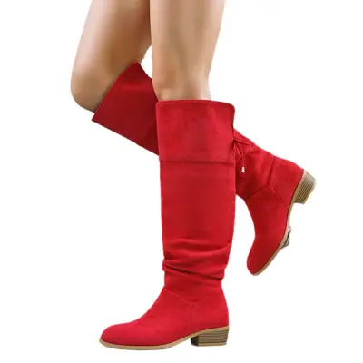 Damenstiefel Übergröße aus Veloursleder, Schnürung hinten, Blockabsatz