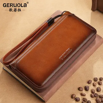Men's Long Wallet, Genuine Leather, Zip Phone Clutch