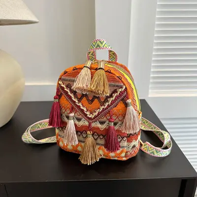 Women's Lightweight Backpack, Ethnic Tassel Design, Small Travel Size - 9