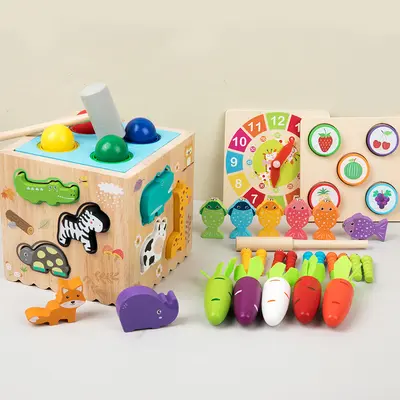 Wholesale Multi-Function Wooden Montessori 8-in-1 Combination Pounding Ball Animal Matching Fishing Game Early Educational Toys for Toddlers