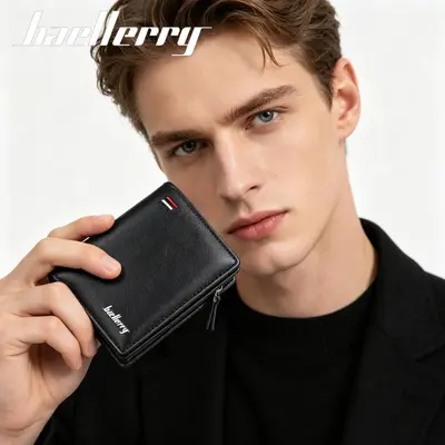 Men's Short Leather Wallet with Zipper and Multiple Card Slots - 3