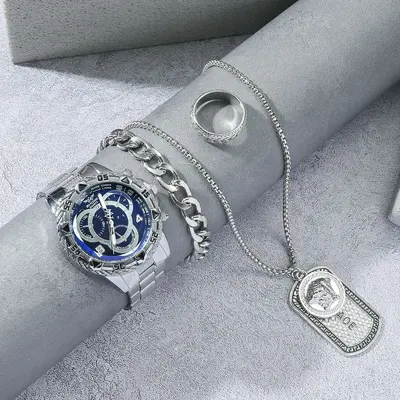 Men's quartz watch set, large dial, steel band, 4-piece