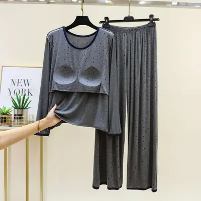 Modal Pajama Set with Polka Dots, Long Sleeve, Two-Piece with Built-in Bra - 10