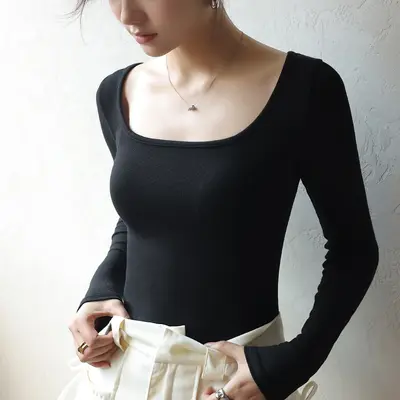 Modal Black Long Sleeve Women's T-Shirt, Low Collar, Korean Style, Autumn Winter 2025 - 7