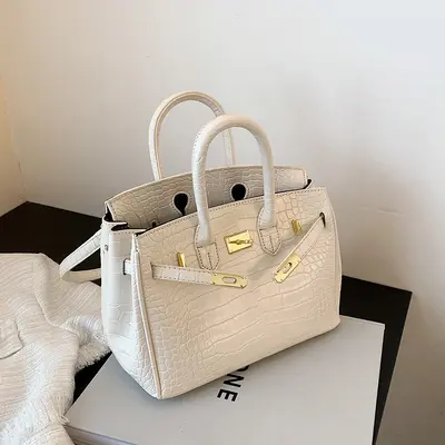 Crocodile Pattern Women's Kelly Handbag, Large Structured Bag - 7