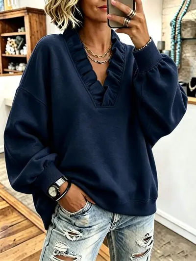 Kadın fırfırlı V yaka uzun kollu sweatshirt, sonbahar ve kış, bol kesim - 3