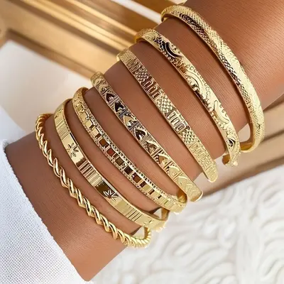 Embossed Geometric Multi-Layer Bracelet Set, 10 Pieces - 9