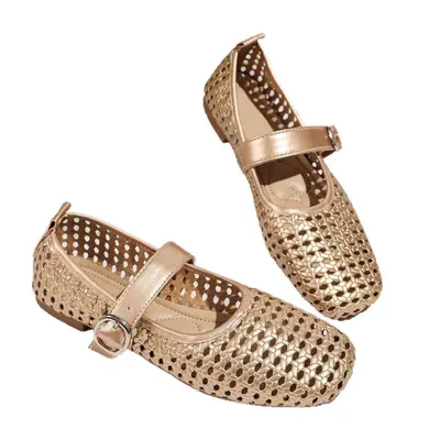 Women's Hollow Mary Jane Shoes, Woven Detail, Square Toe, Flat Sole