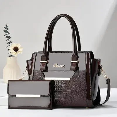 Women's Crocodile Pattern Glossy Leather Crossbody Bag Set, 2-Piece, Korean Style - 9