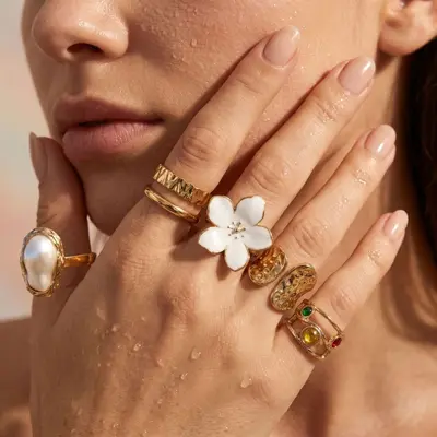 European and American cross-border design liquid lava flower open ring ins baroque imitation pearl inlay gemstone ring