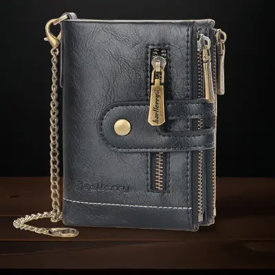 Men's short wallet, large capacity, double zipper, multi-card slots, anti-lost chain - 3