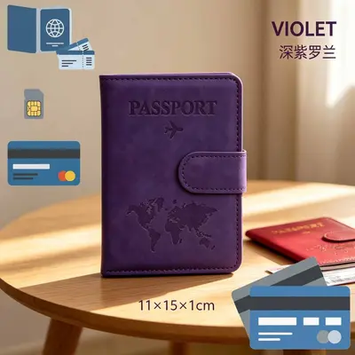 Multifunctional Passport Holder with SIM Card Slot, Matte PU Leather Passport Clip with Buckle, Travel Document Protector for Overseas Trips