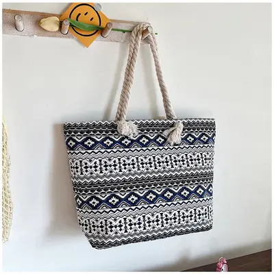Canvas-Achseltasche im ethnischen Stil mit Hanfseil-Griff - 8