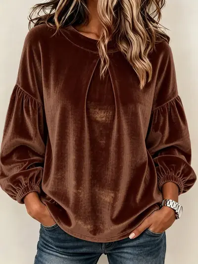 2026 Women's Round Neck Lantern Sleeve Velvet Patchwork Long-Sleeve T-Shirt - 11